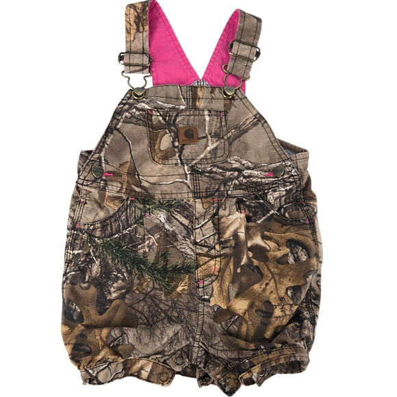 Carhartt Girls 24 Months Realtree Camo Shortalls Pink Lining Heart Buttons Snap - Picture 1 of 5